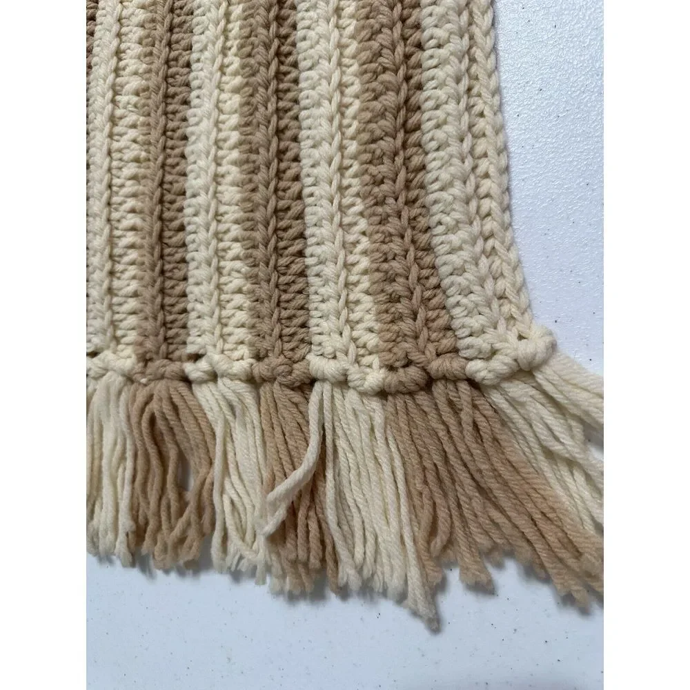 Handmade Crochet Striped‎ Scarf Shawl With Fringe Tan & Cream 10